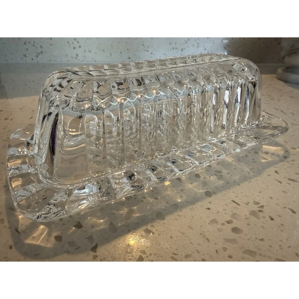 Vintage Butter Dish Covered Ribbed Glass Crystal Clear